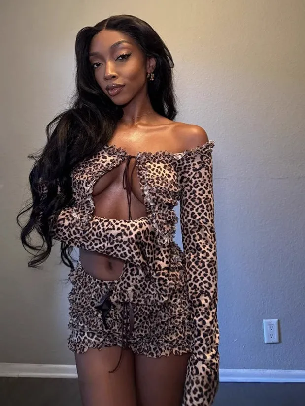 Fierce and Flirty Leopard Print Lace-Up Two-Piece Short Set