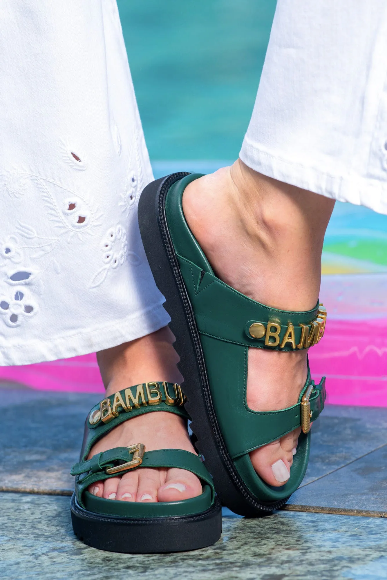 Forest Green Sandals with Gold Logo