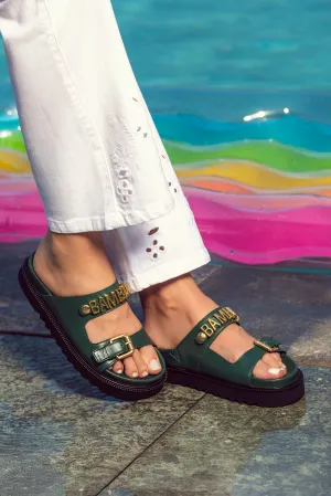 Forest Green Sandals with Gold Logo