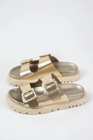Gen Double Buckle Slide On Sandal, Gold Metallic