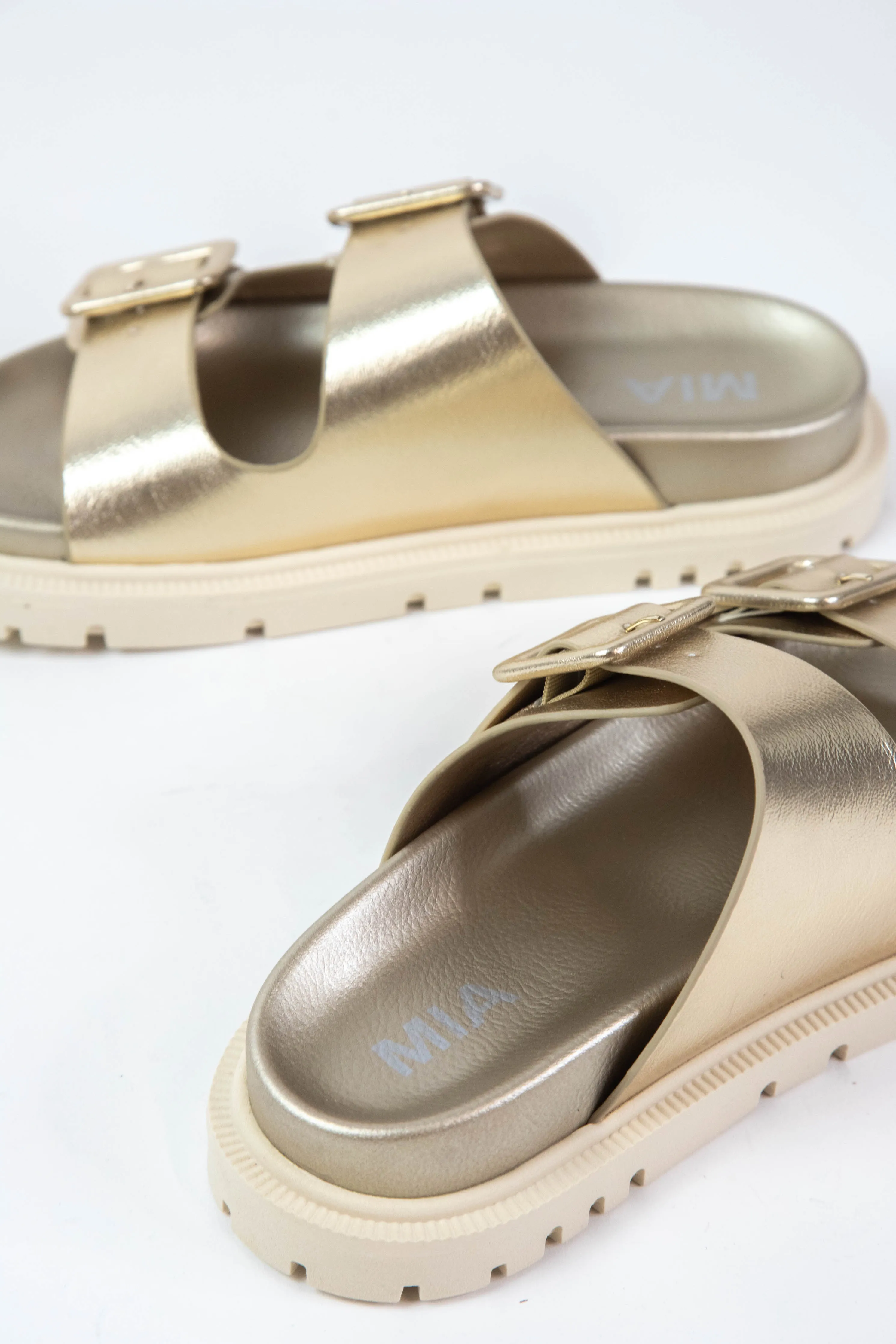 Gen Double Buckle Slide On Sandal, Gold Metallic