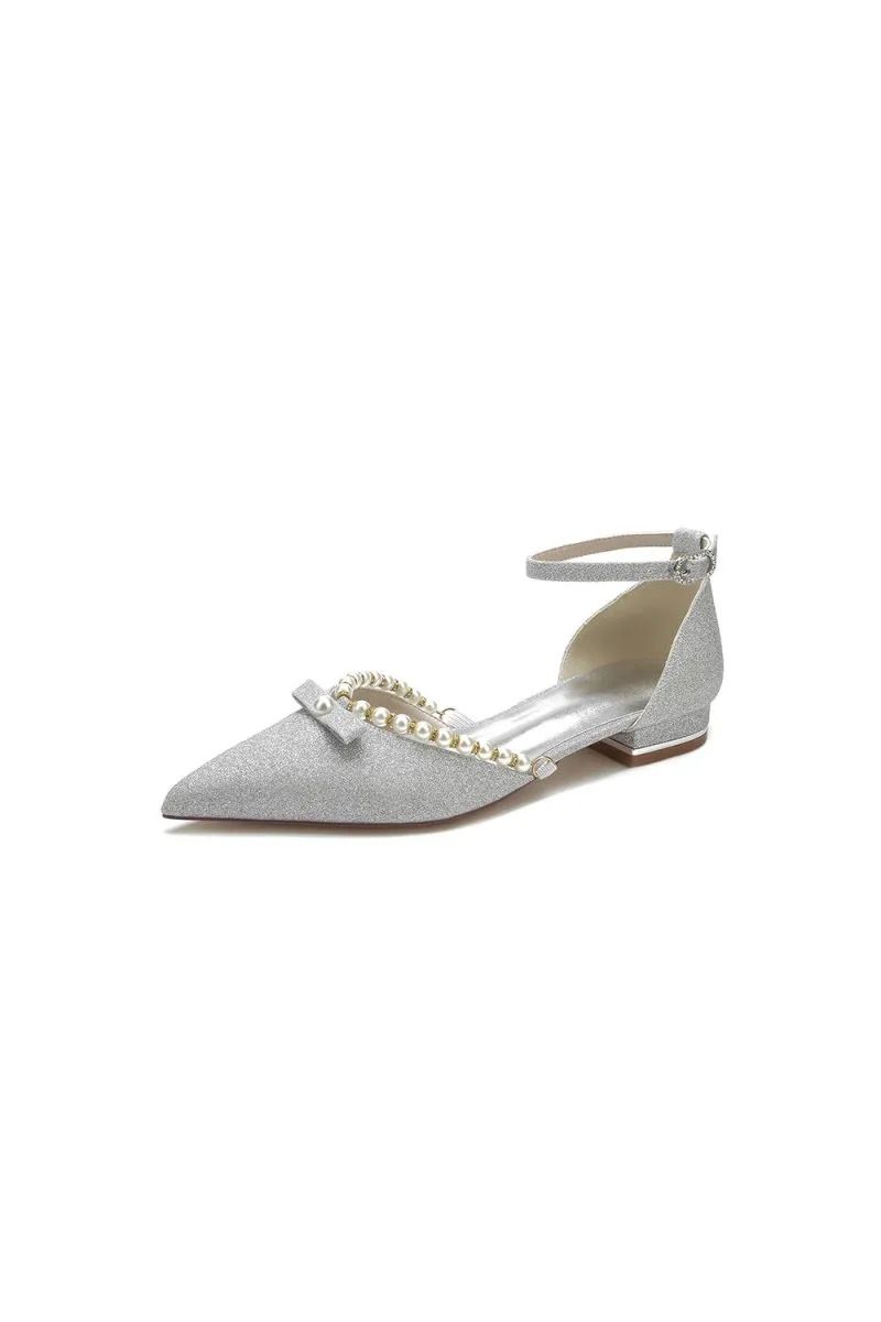 Glitter Pointed Toe Pearl Ankle Strap Low Heels With Bow