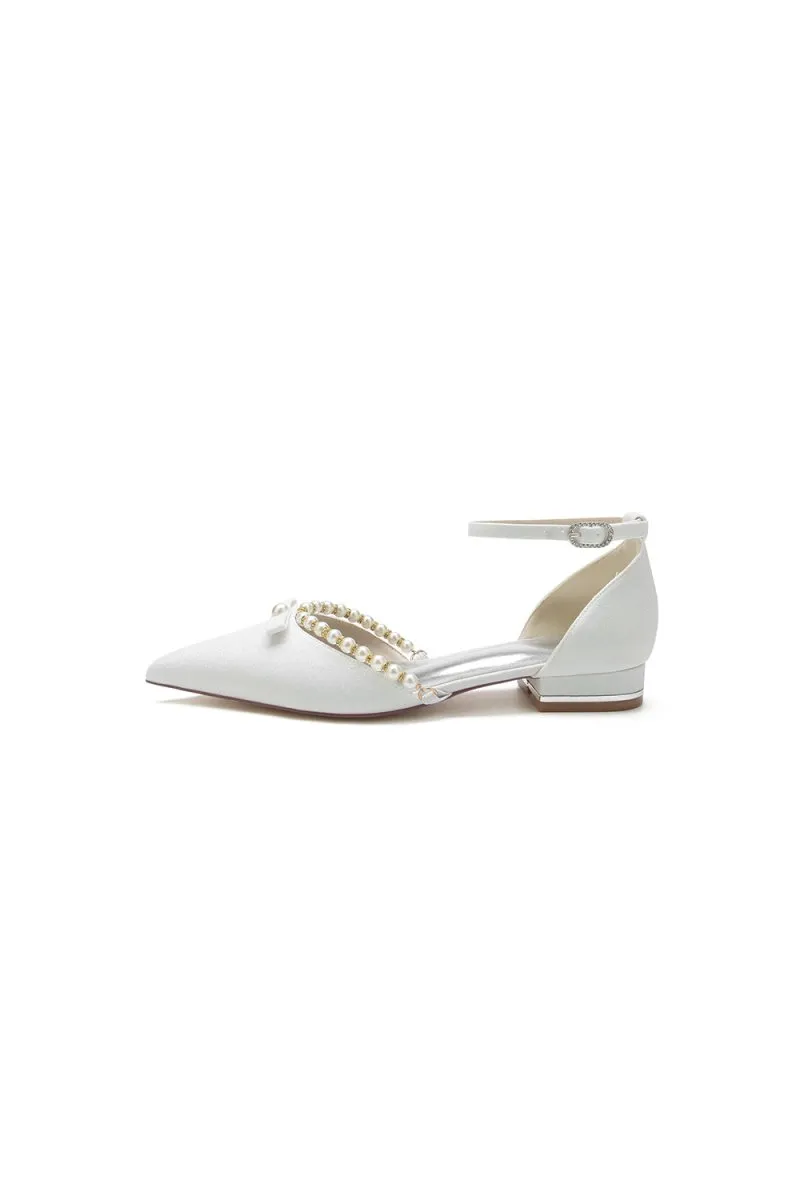 Glitter Pointed Toe Pearl Ankle Strap Low Heels With Bow