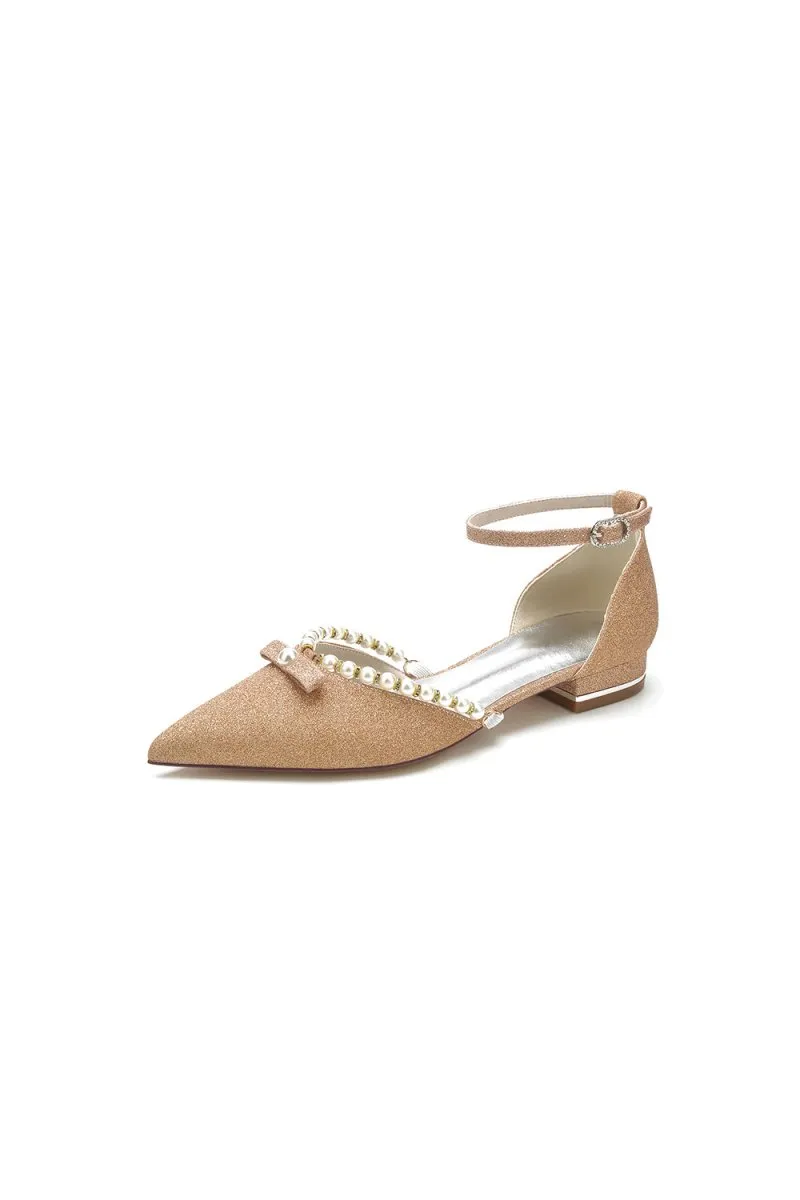 Glitter Pointed Toe Pearl Ankle Strap Low Heels With Bow