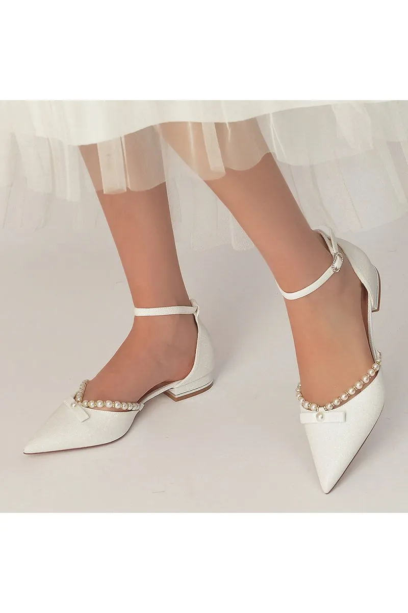 Glitter Pointed Toe Pearl Ankle Strap Low Heels With Bow