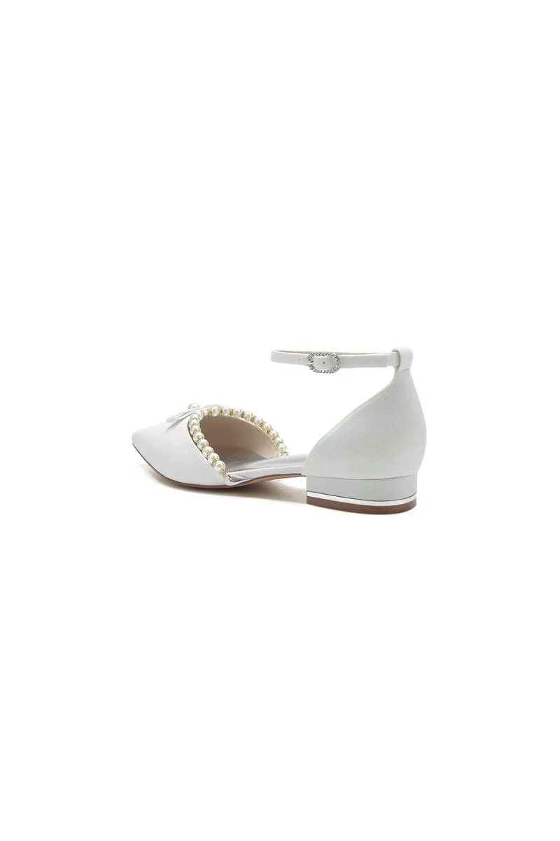 Glitter Pointed Toe Pearl Ankle Strap Low Heels With Bow