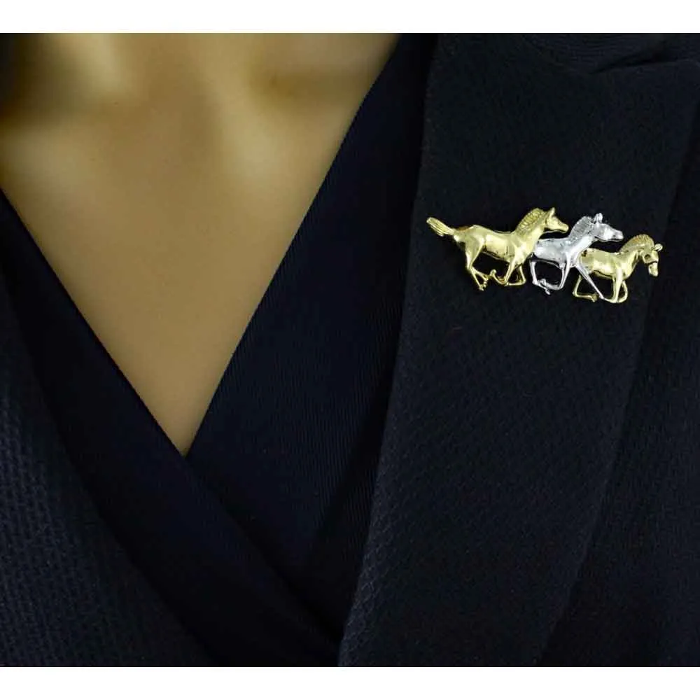 Gold and Silver Running Horses Brooch Pin - FAP918A