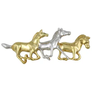 Gold and Silver Running Horses Brooch Pin - FAP918A
