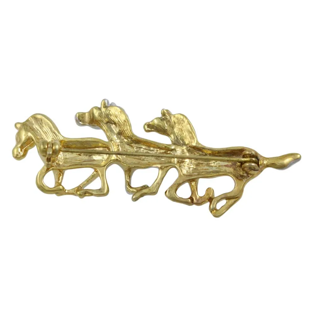 Gold and Silver Running Horses Brooch Pin - FAP918A