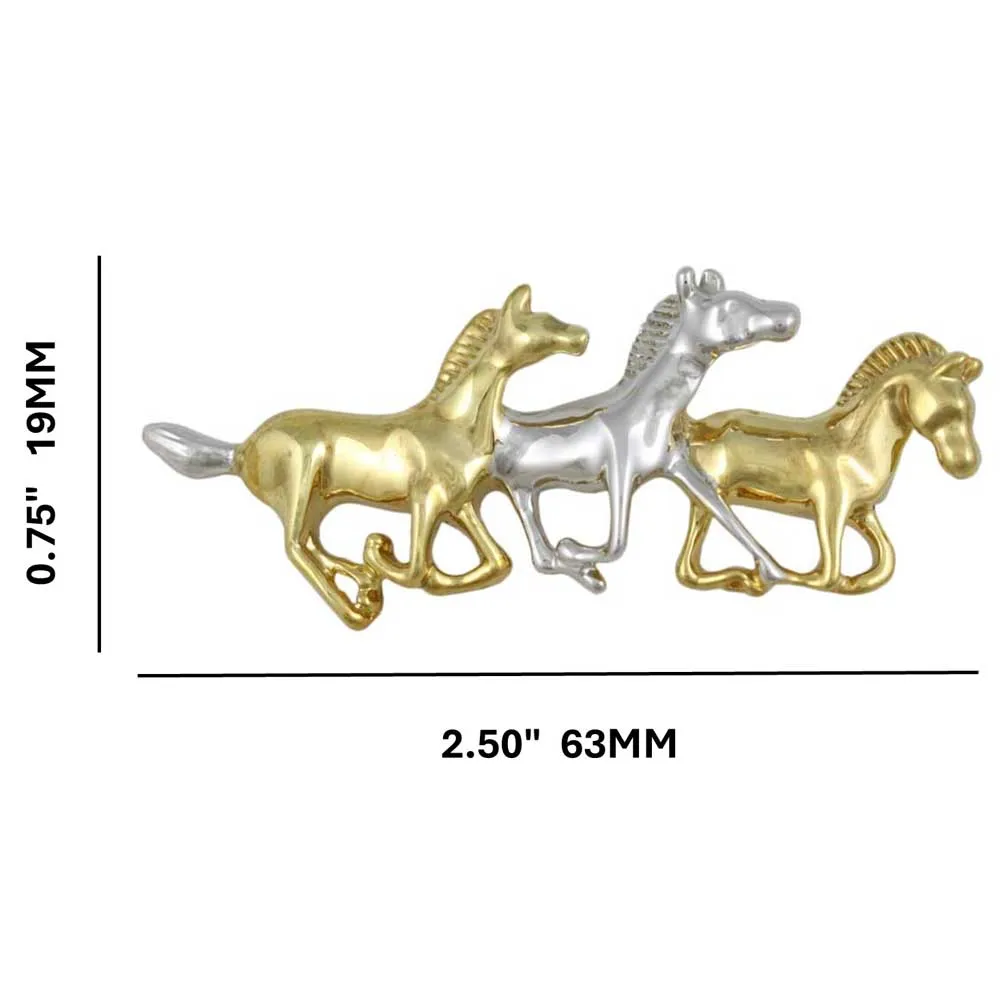 Gold and Silver Running Horses Brooch Pin - FAP918A