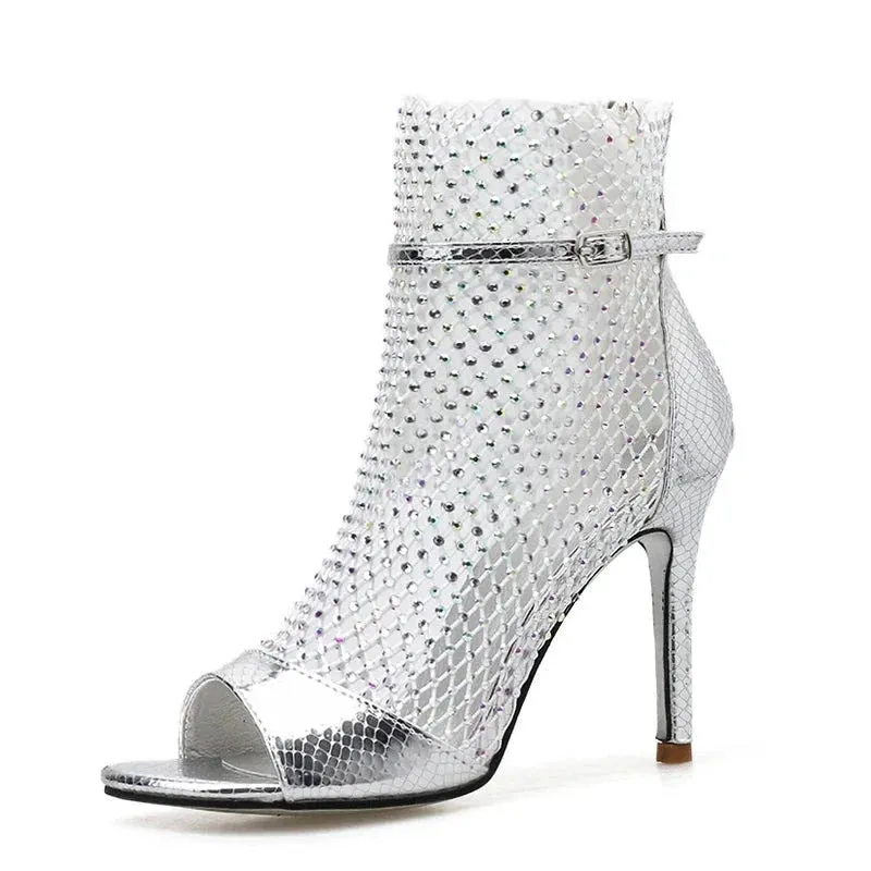 Gold Glitter Rhinestone Mesh Ankle Sandals Boots High Heels Sexy Booties Peep-toe Pumps Lady Party Shoes