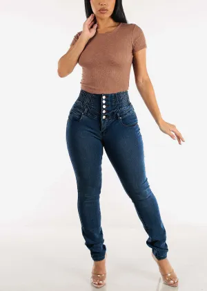 High-Waisted Stretch Denim Skinny Jeans with Smocked Waistband