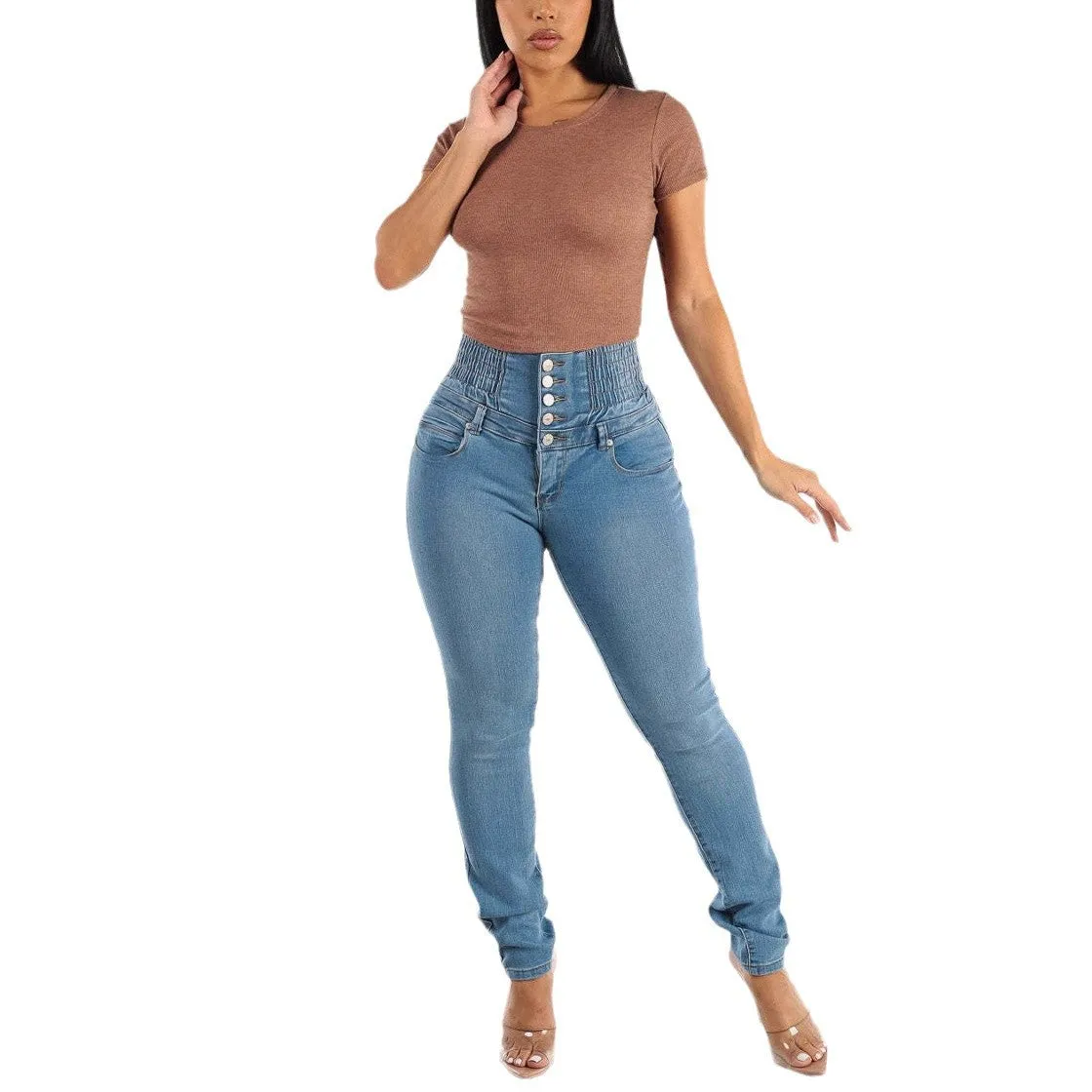 High-Waisted Stretch Denim Skinny Jeans with Smocked Waistband