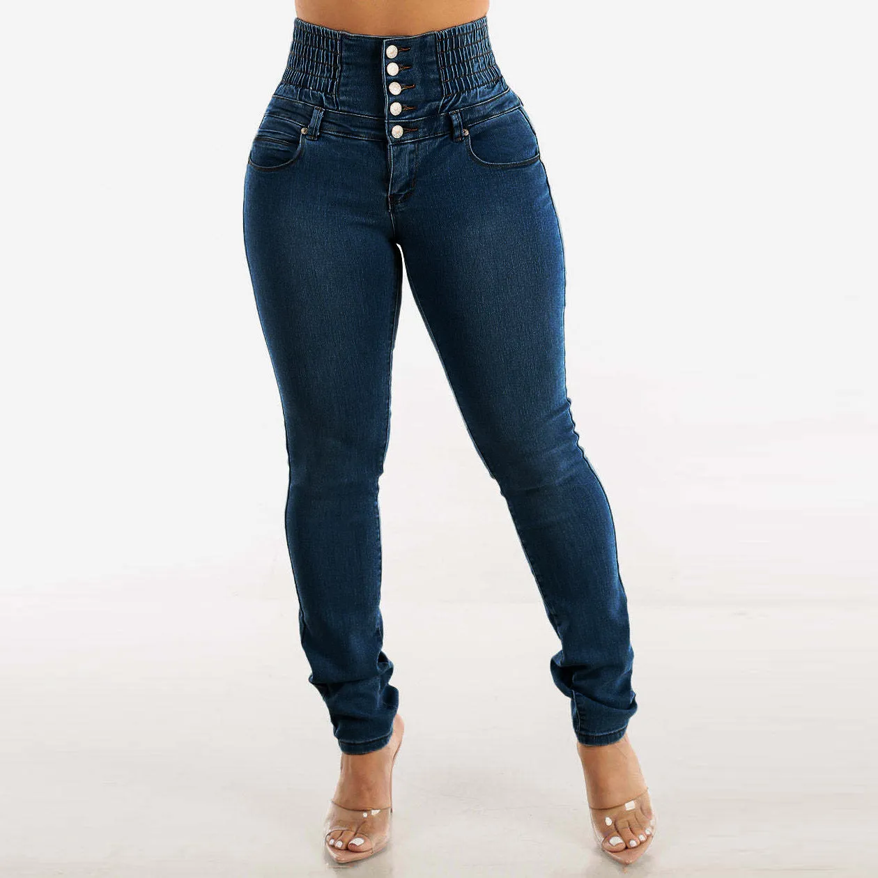 High-Waisted Stretch Denim Skinny Jeans with Smocked Waistband