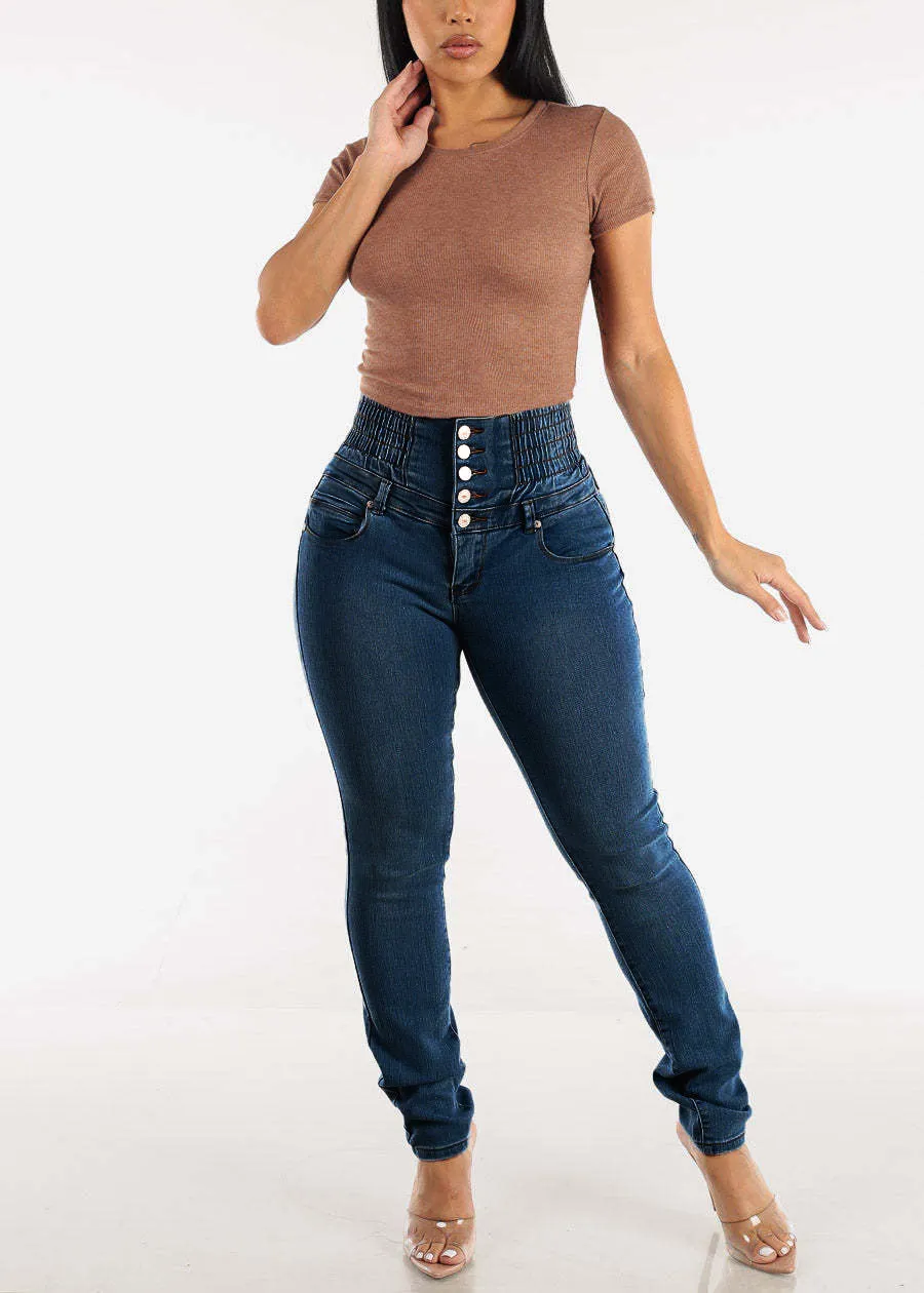 High-Waisted Stretch Denim Skinny Jeans with Smocked Waistband