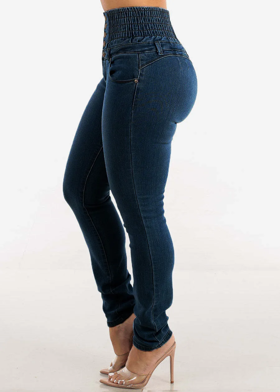 High-Waisted Stretch Denim Skinny Jeans with Smocked Waistband
