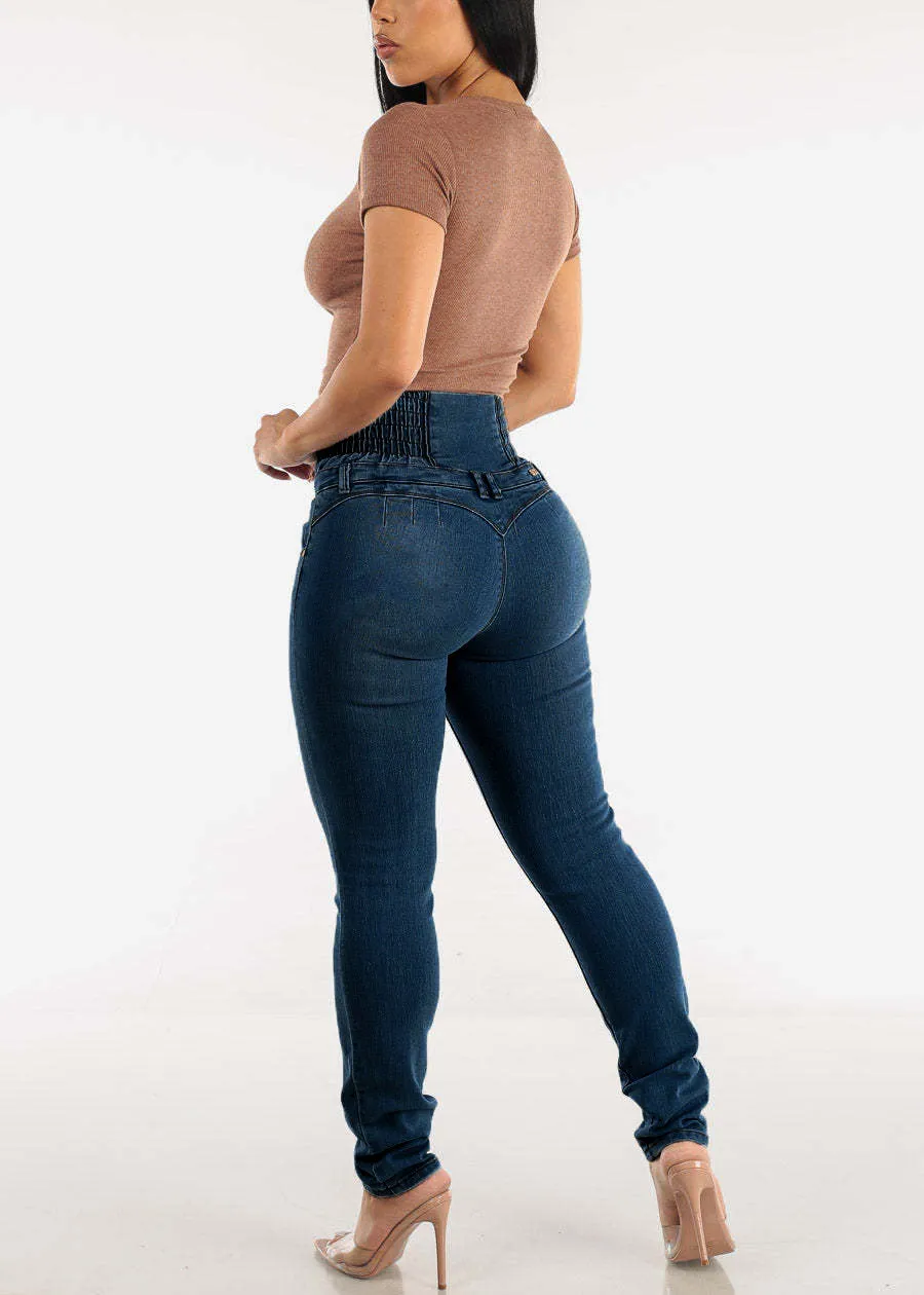 High-Waisted Stretch Denim Skinny Jeans with Smocked Waistband