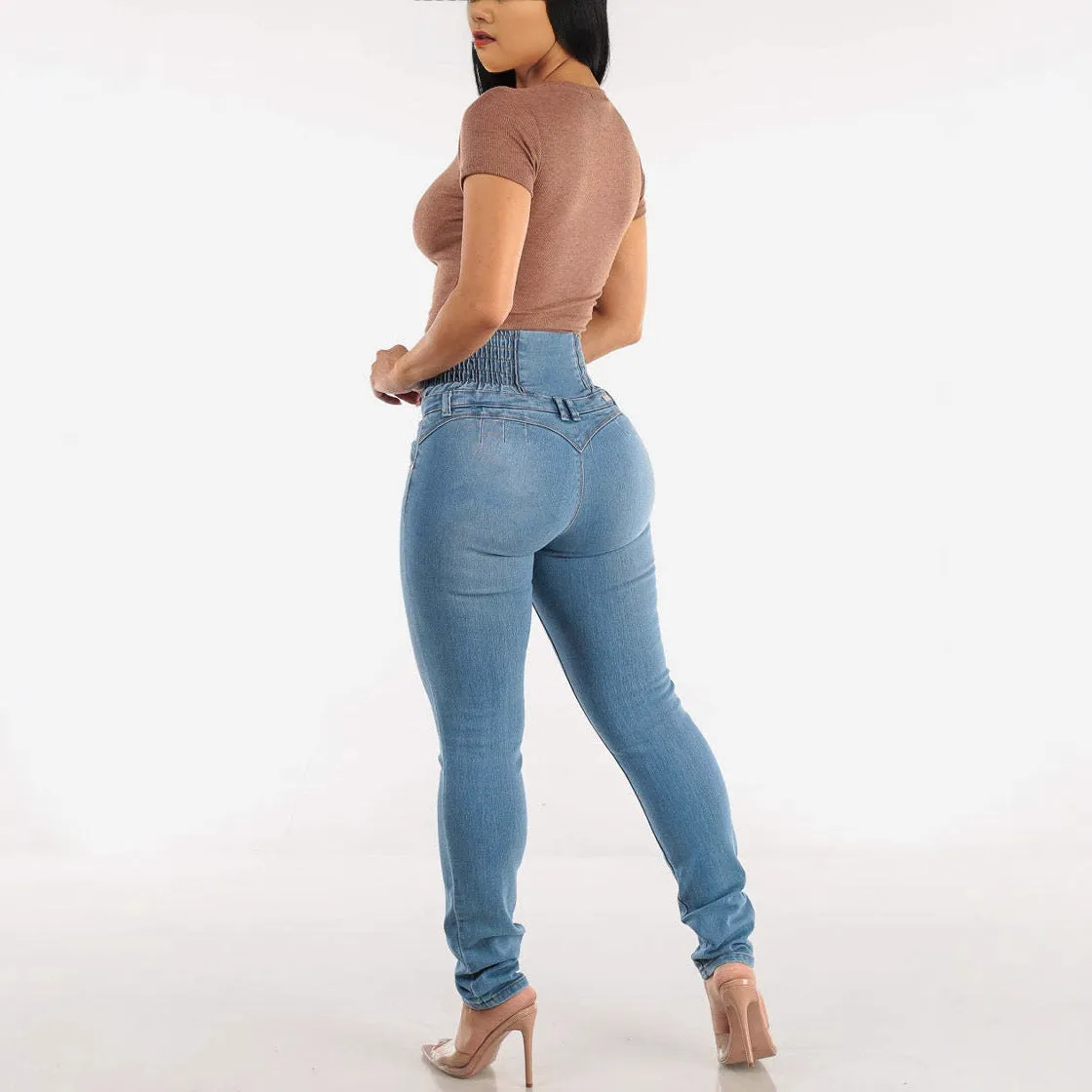 High-Waisted Stretch Denim Skinny Jeans with Smocked Waistband