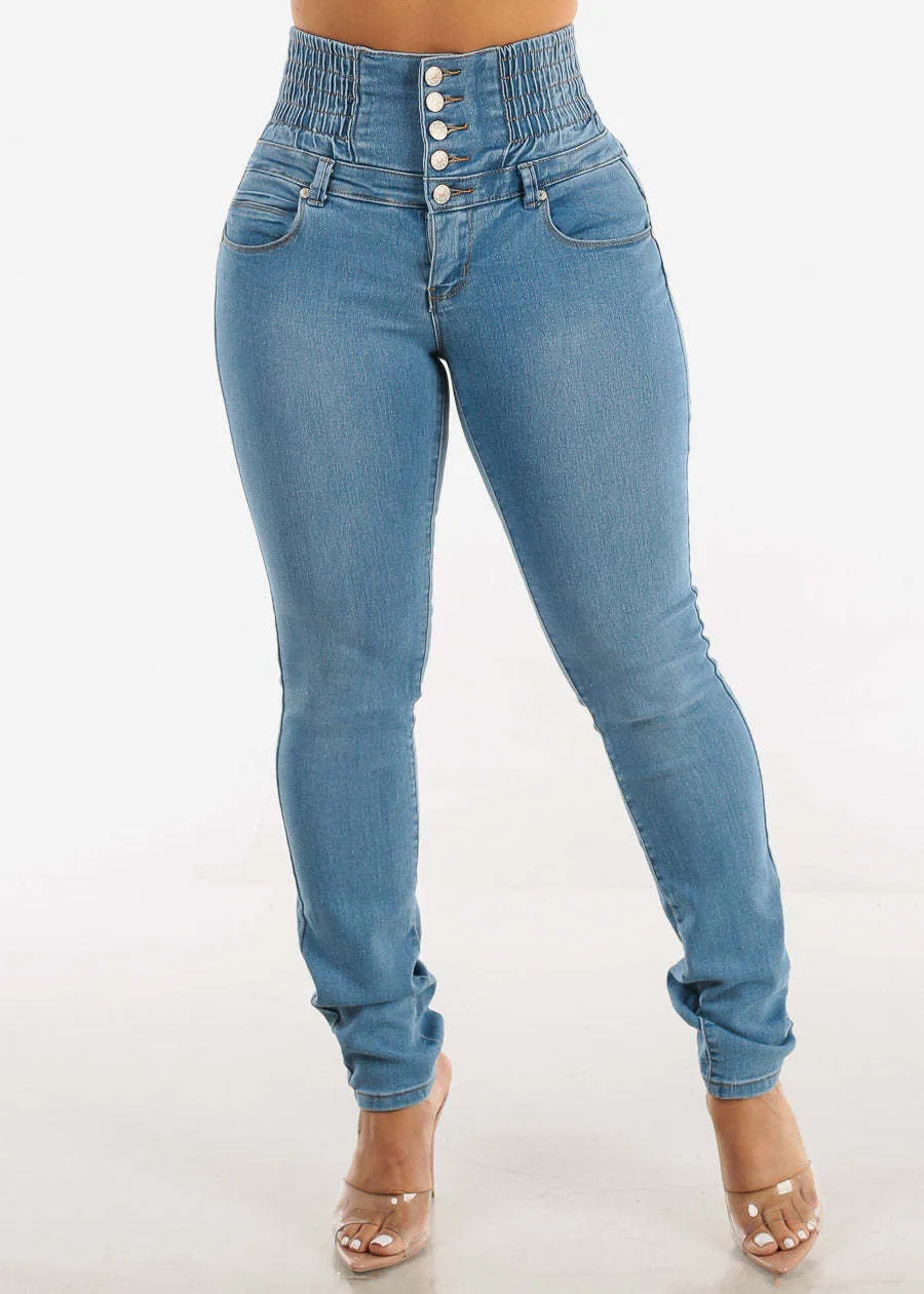 High-Waisted Stretch Denim Skinny Jeans with Smocked Waistband