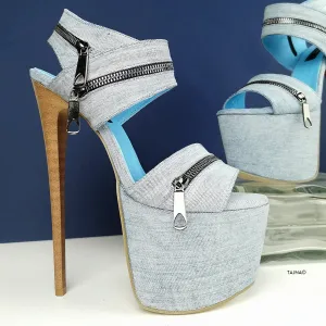 Jean Zipper Detail Heel Sandals