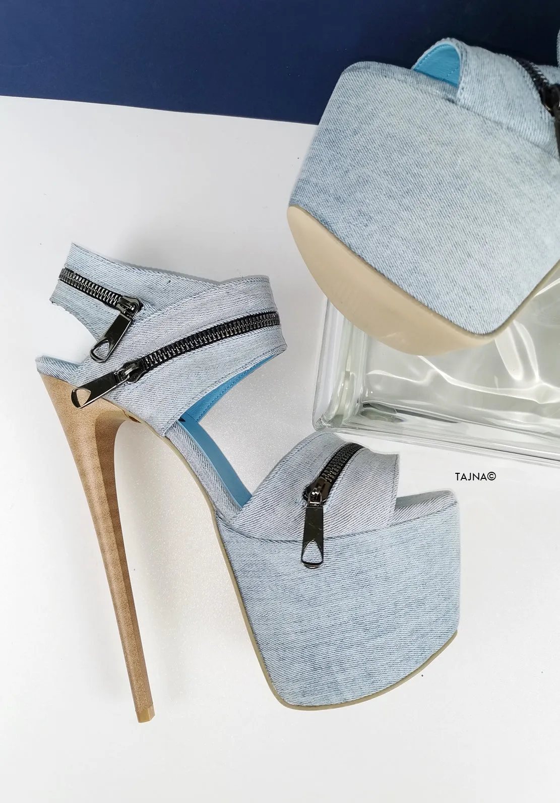 Jean Zipper Detail Heel Sandals
