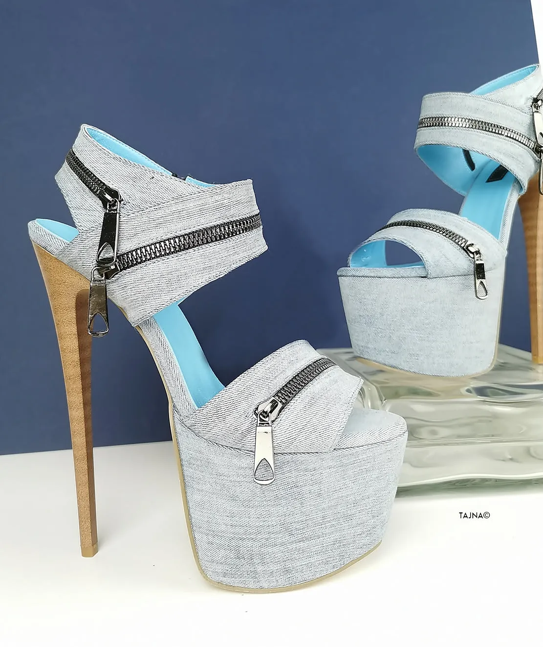 Jean Zipper Detail Heel Sandals
