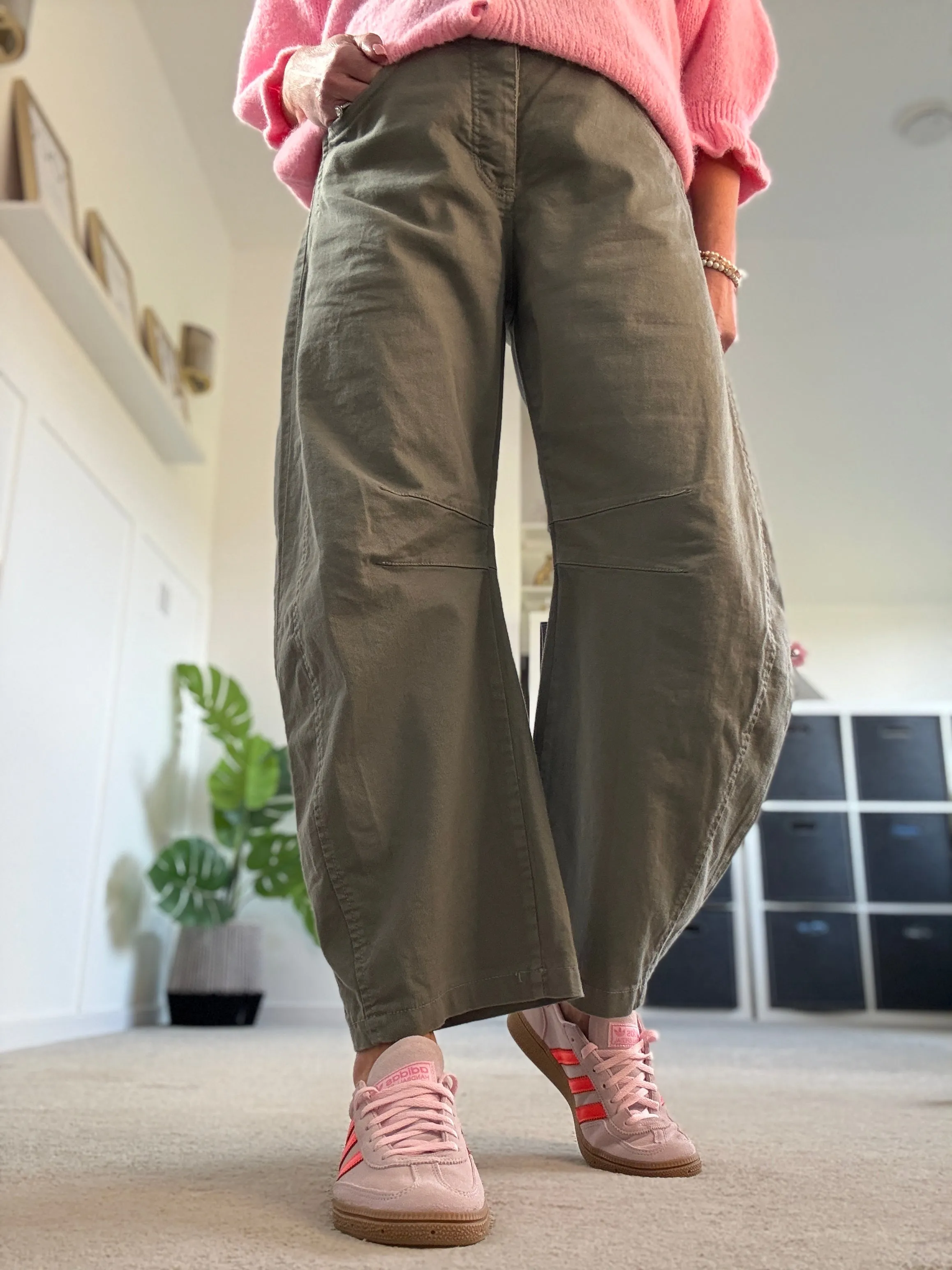 Khaki Cotton Barrel Leg Jeans