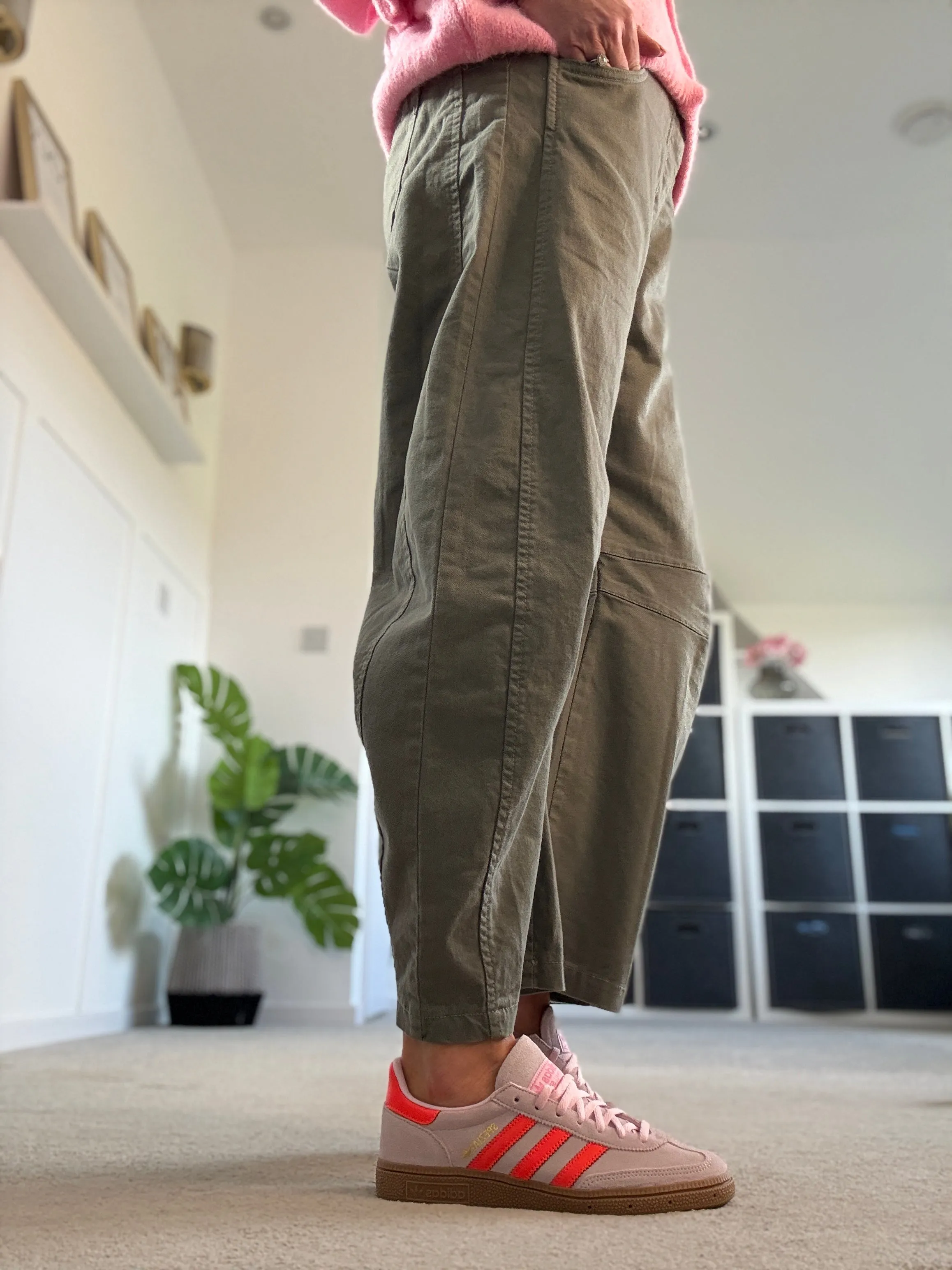 Khaki Cotton Barrel Leg Jeans