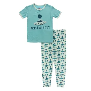 KicKee Pants S/S Graphic Tee Pajama Set - Aloe Aliens with Flying Saucers