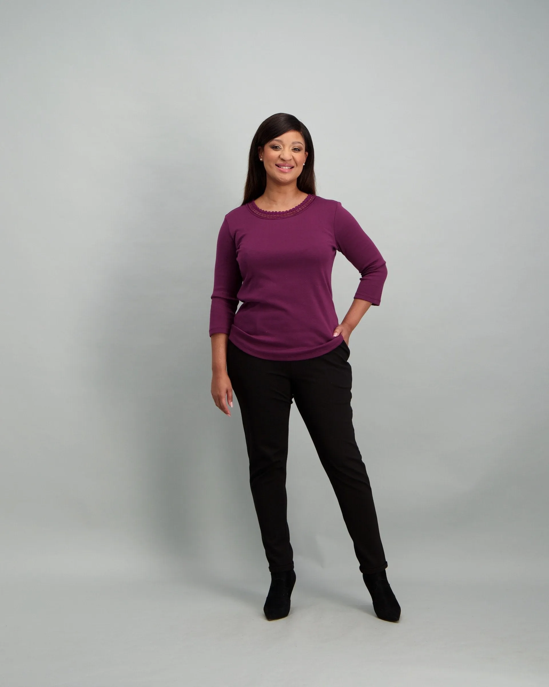 Ladies Lace Inset Top - Berry