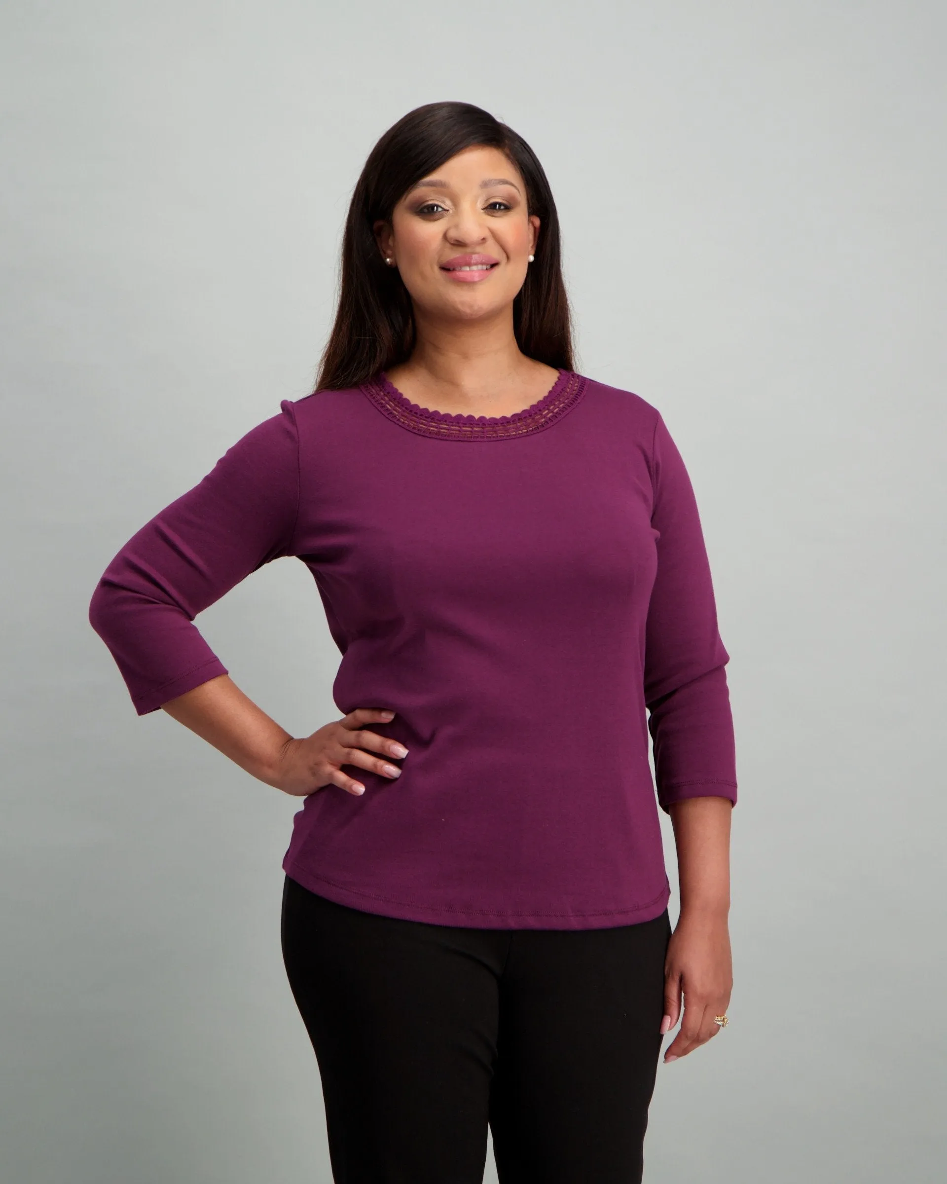 Ladies Lace Inset Top - Berry