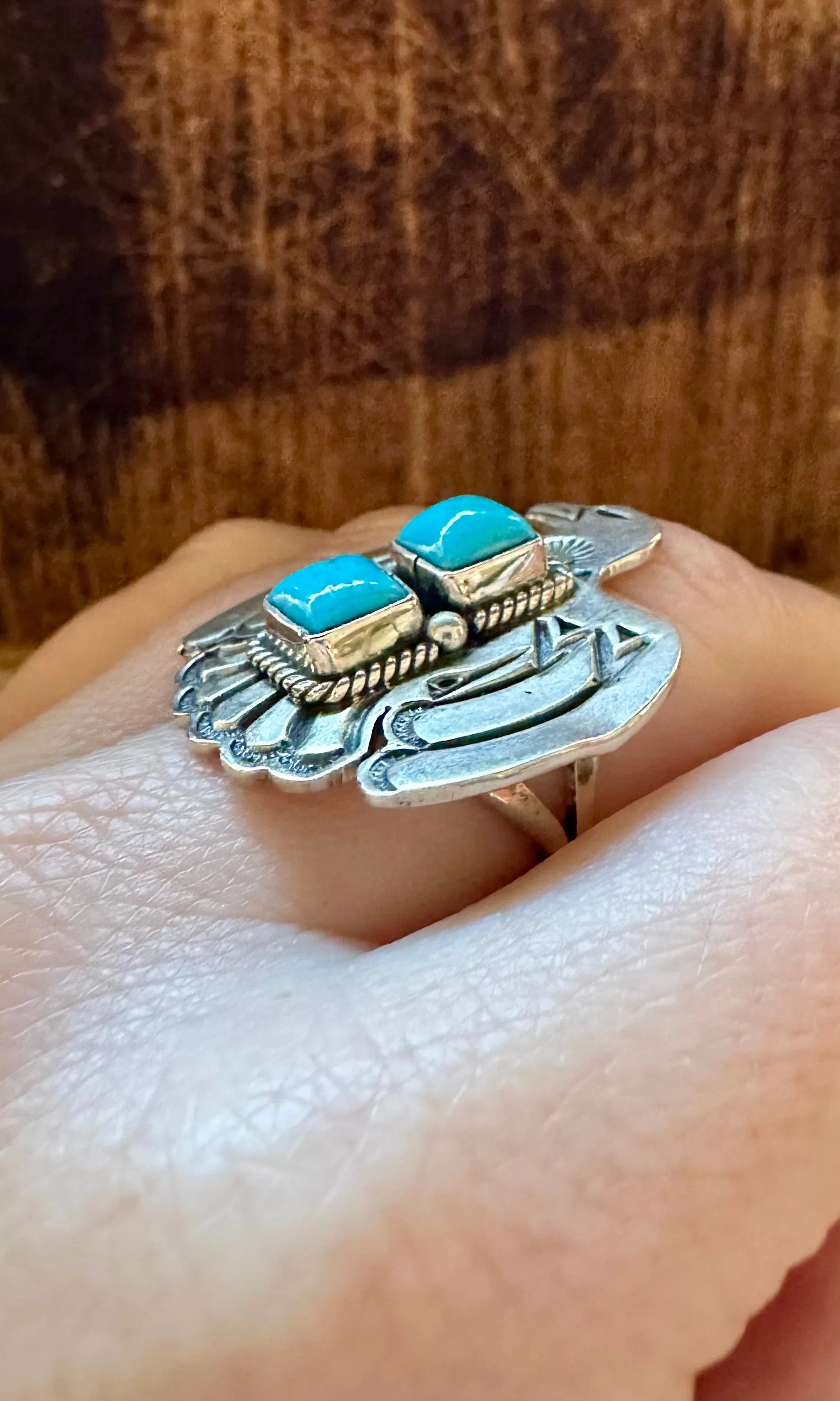 LARGE THUNDERBIRD Running Bear Navajo Turquoise and Sterling Silver Ring • Multiple Sizes