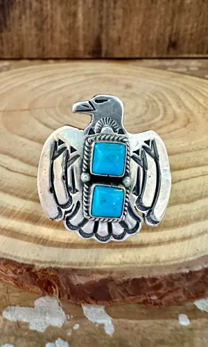 LARGE THUNDERBIRD Running Bear Navajo Turquoise and Sterling Silver Ring • Multiple Sizes
