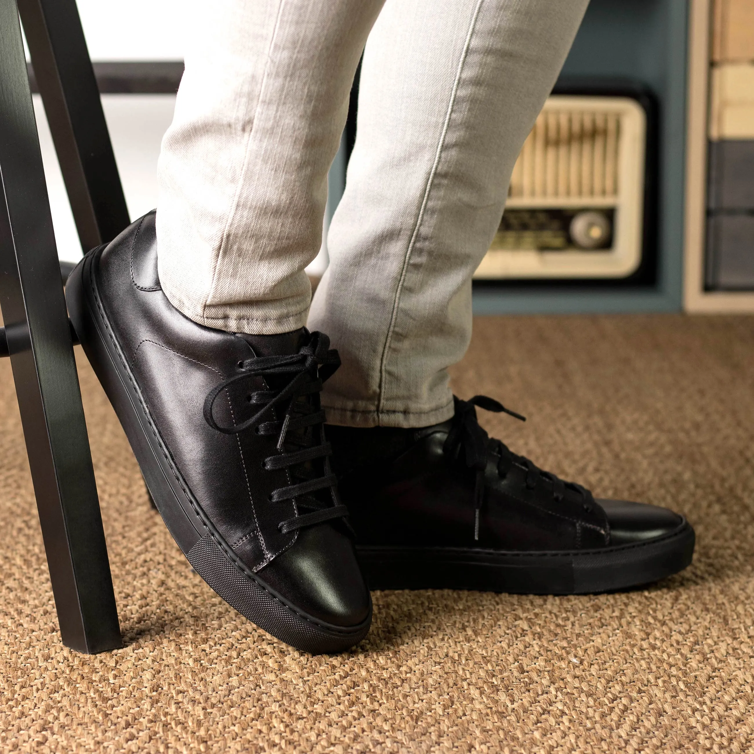 Leather Trainer │ Black Painted Calf - Black Sole