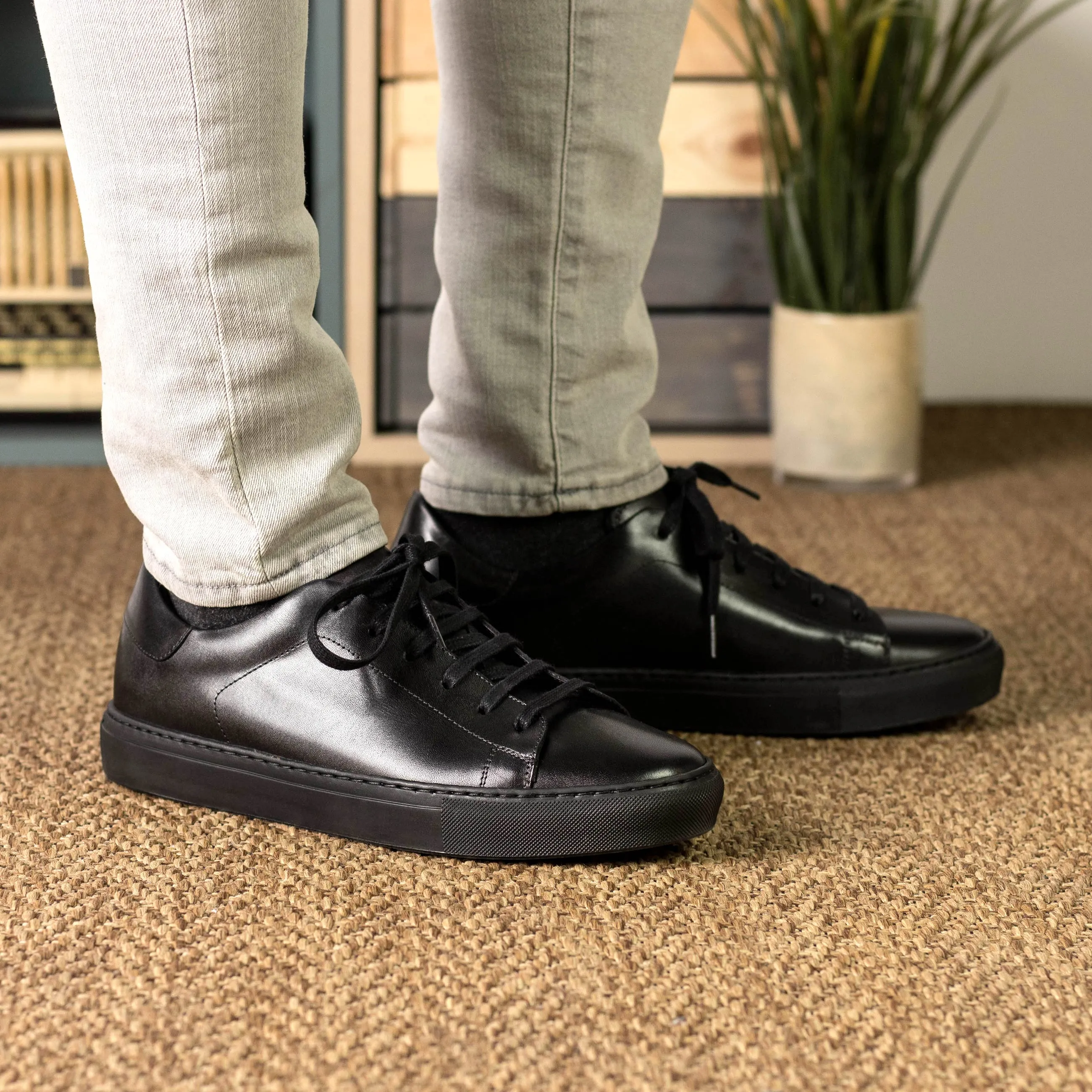 Leather Trainer │ Black Painted Calf - Black Sole