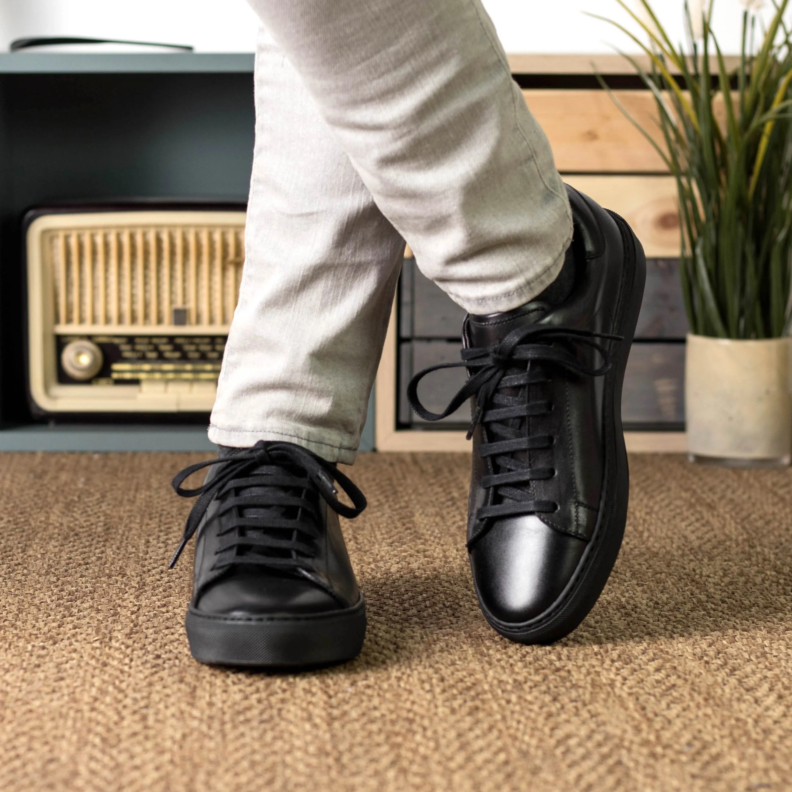 Leather Trainer │ Black Painted Calf - Black Sole