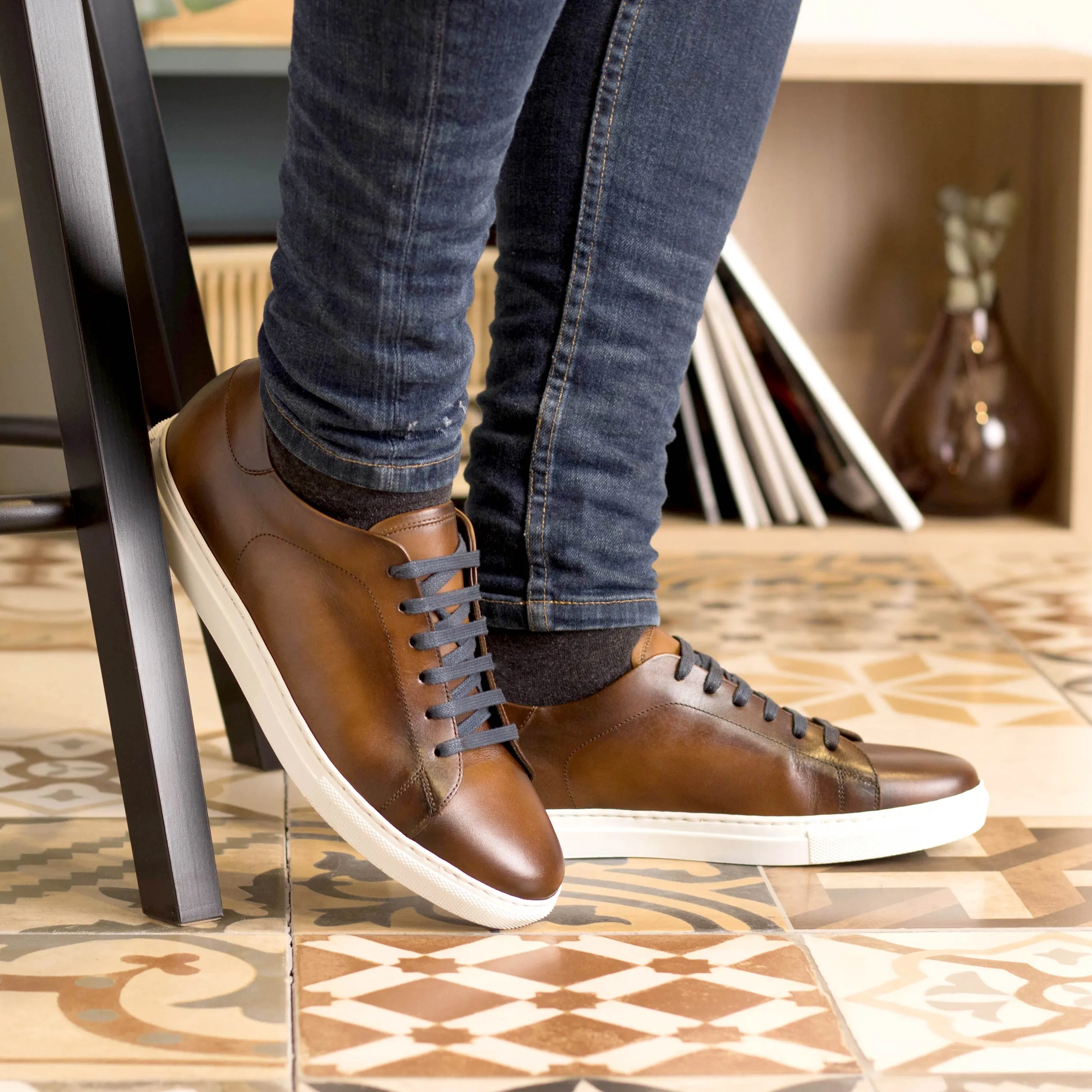 Leather Trainer │ Med Brown Painted Calf