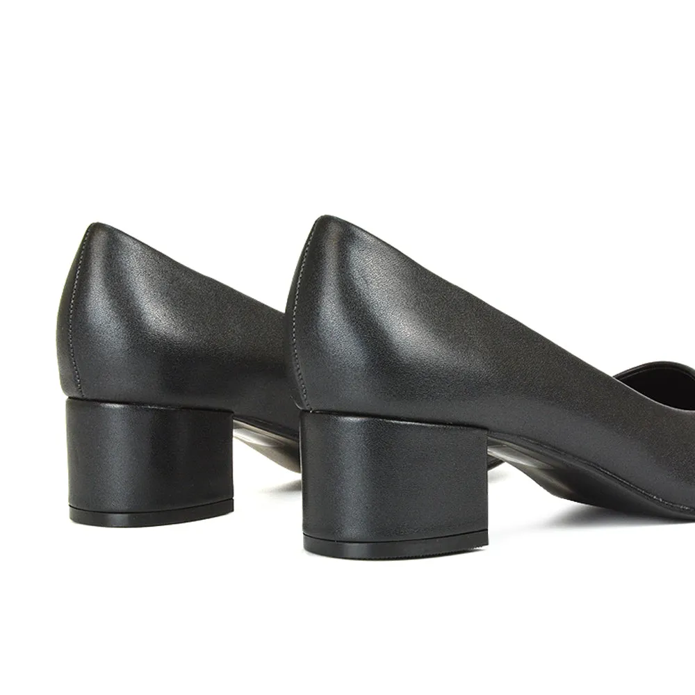 Liberty Low Block Heel Round Toe Slip On Classic Court Shoes in Black Synthetic Leather