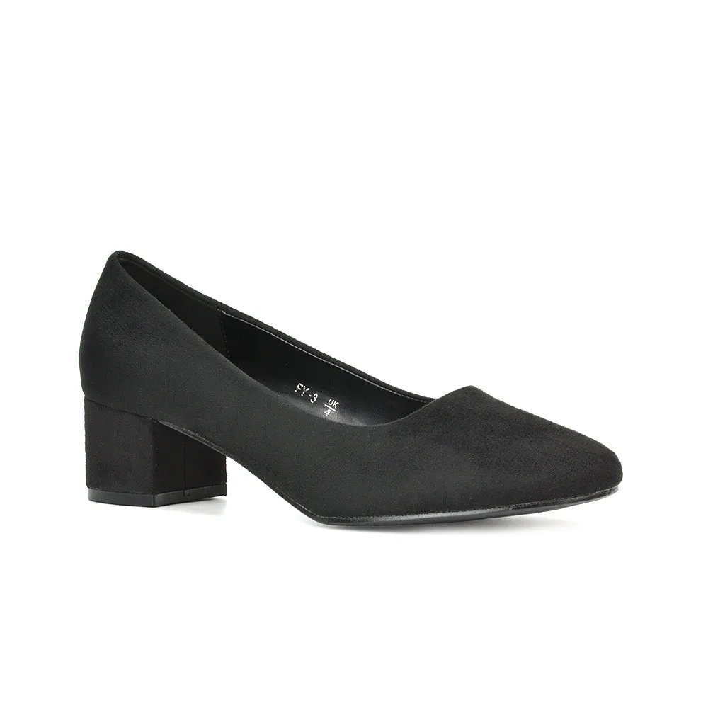 Liberty Low Block Heel Round Toe Slip On Classic Court Shoes in Black Synthetic Leather