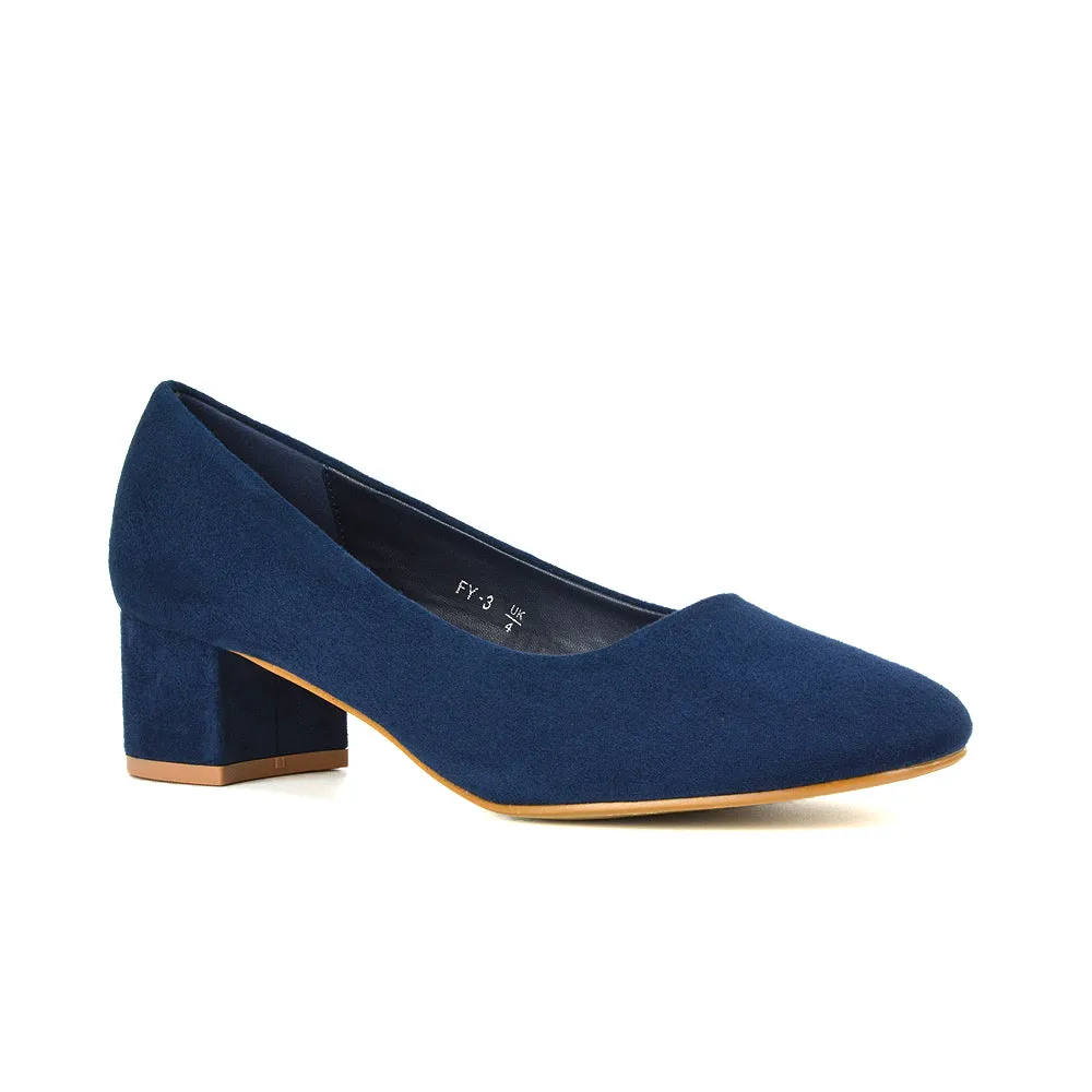 Liberty Low Block Heel Round Toe Slip On Classic Court Shoes in Black Synthetic Leather