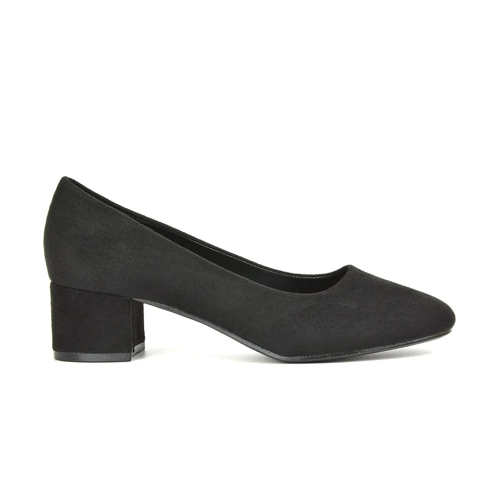Liberty Low Block Heel Round Toe Slip On Classic Court Shoes in Black Synthetic Leather