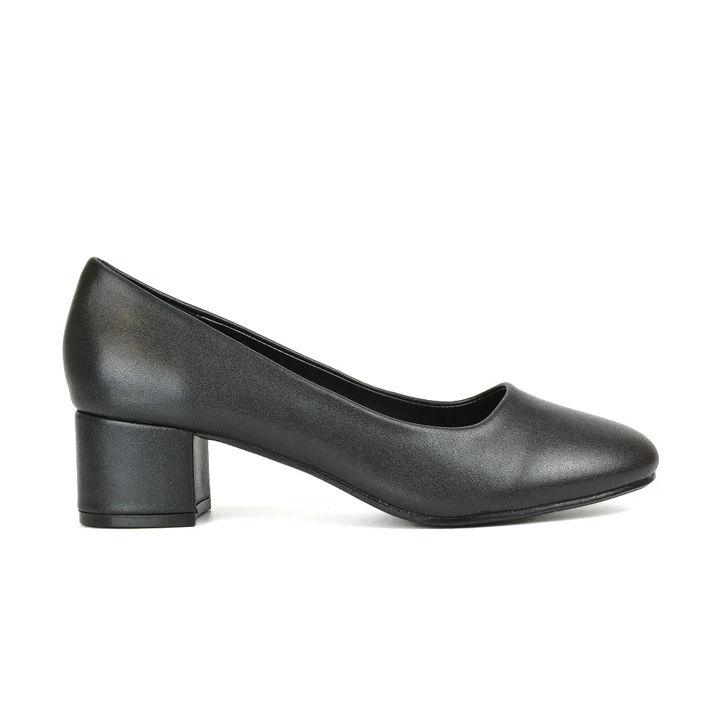 Liberty Low Block Heel Round Toe Slip On Classic Court Shoes in Black Synthetic Leather