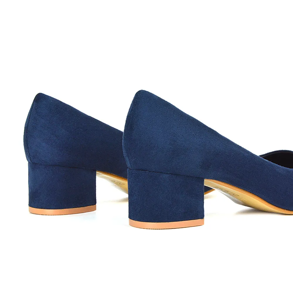 Liberty Low Block Heel Round Toe Slip On Classic Court Shoes in Black Synthetic Leather