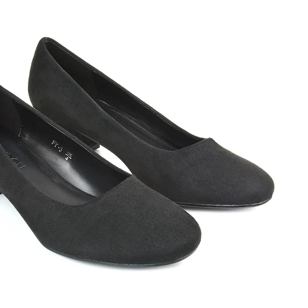 Liberty Low Block Heel Round Toe Slip On Classic Court Shoes in Black Synthetic Leather
