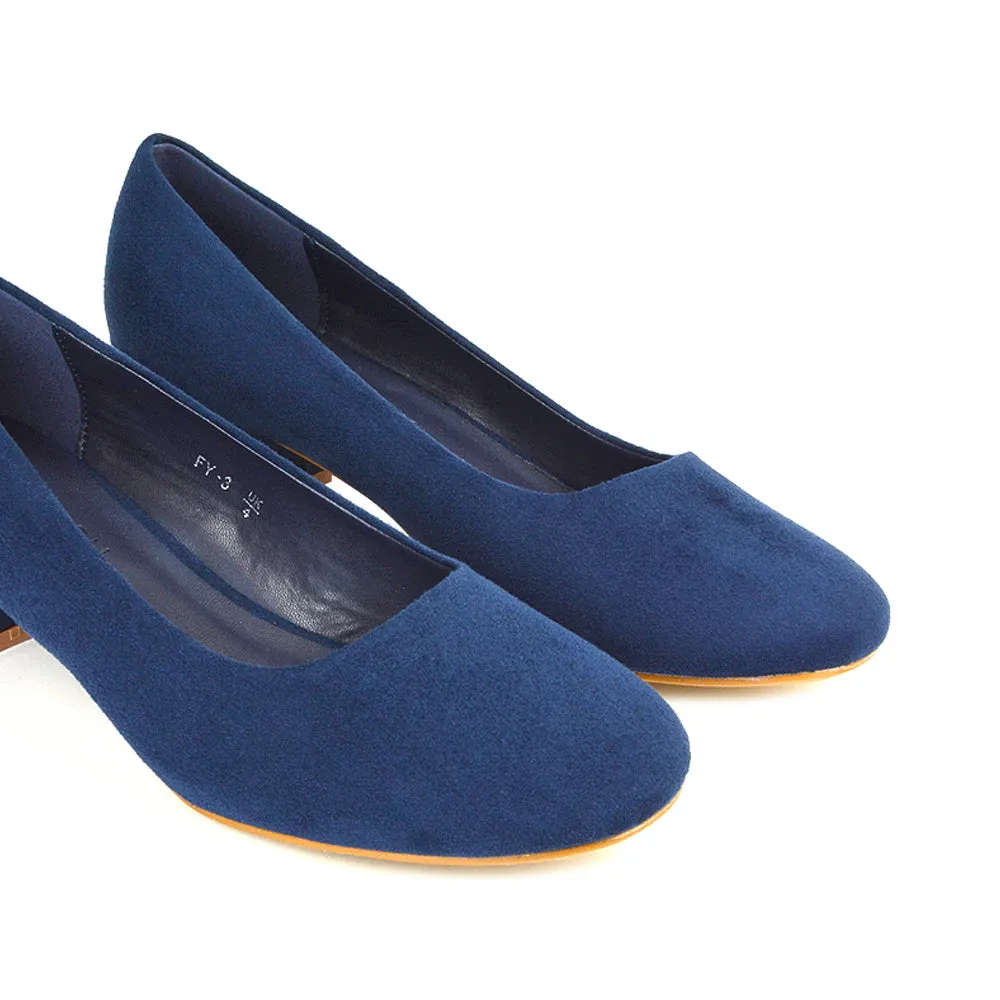 Liberty Low Block Heel Round Toe Slip On Classic Court Shoes in Black Synthetic Leather