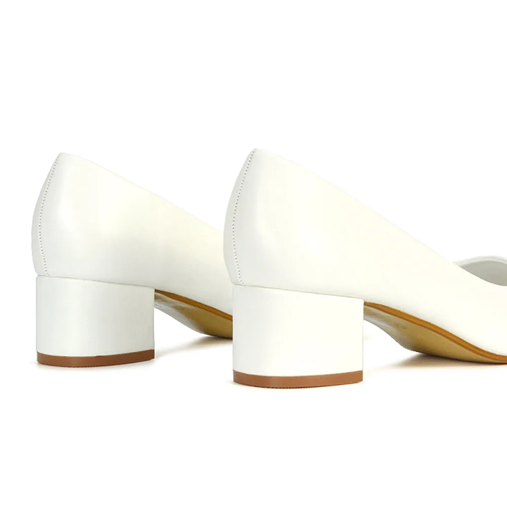 Liberty Low Block Heel Round Toe Slip On Classic Court Shoes in Black Synthetic Leather