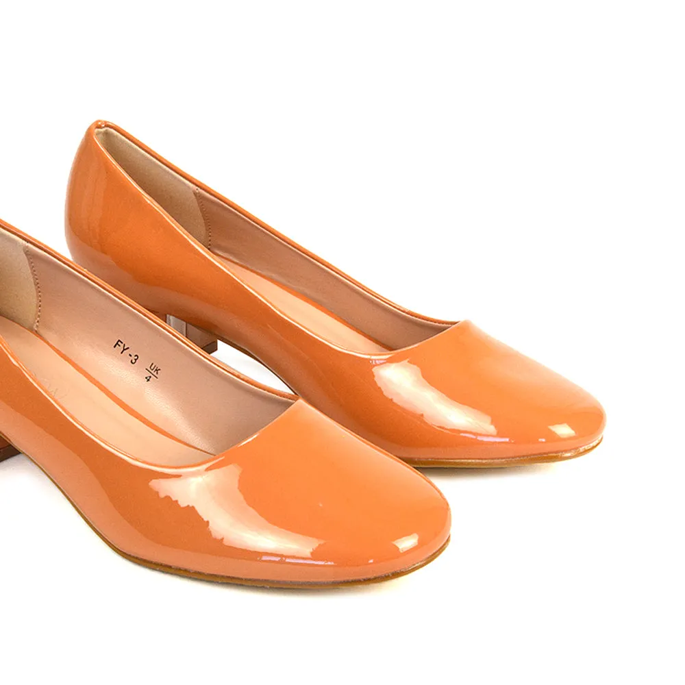 Liberty Low Block Heel Round Toe Slip On Classic Court Shoes in Black Synthetic Leather