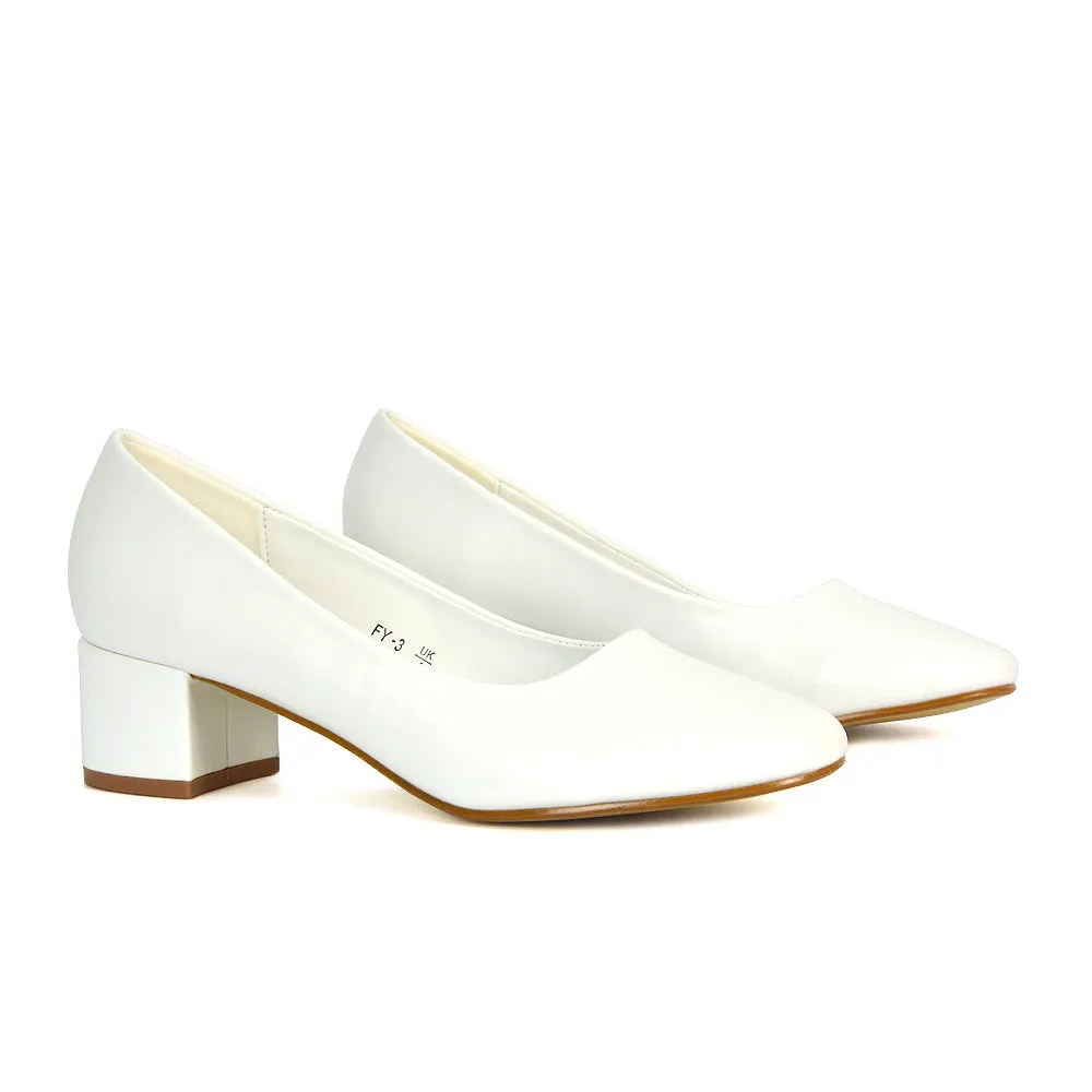 Liberty Low Block Heel Round Toe Slip On Classic Court Shoes in Black Synthetic Leather