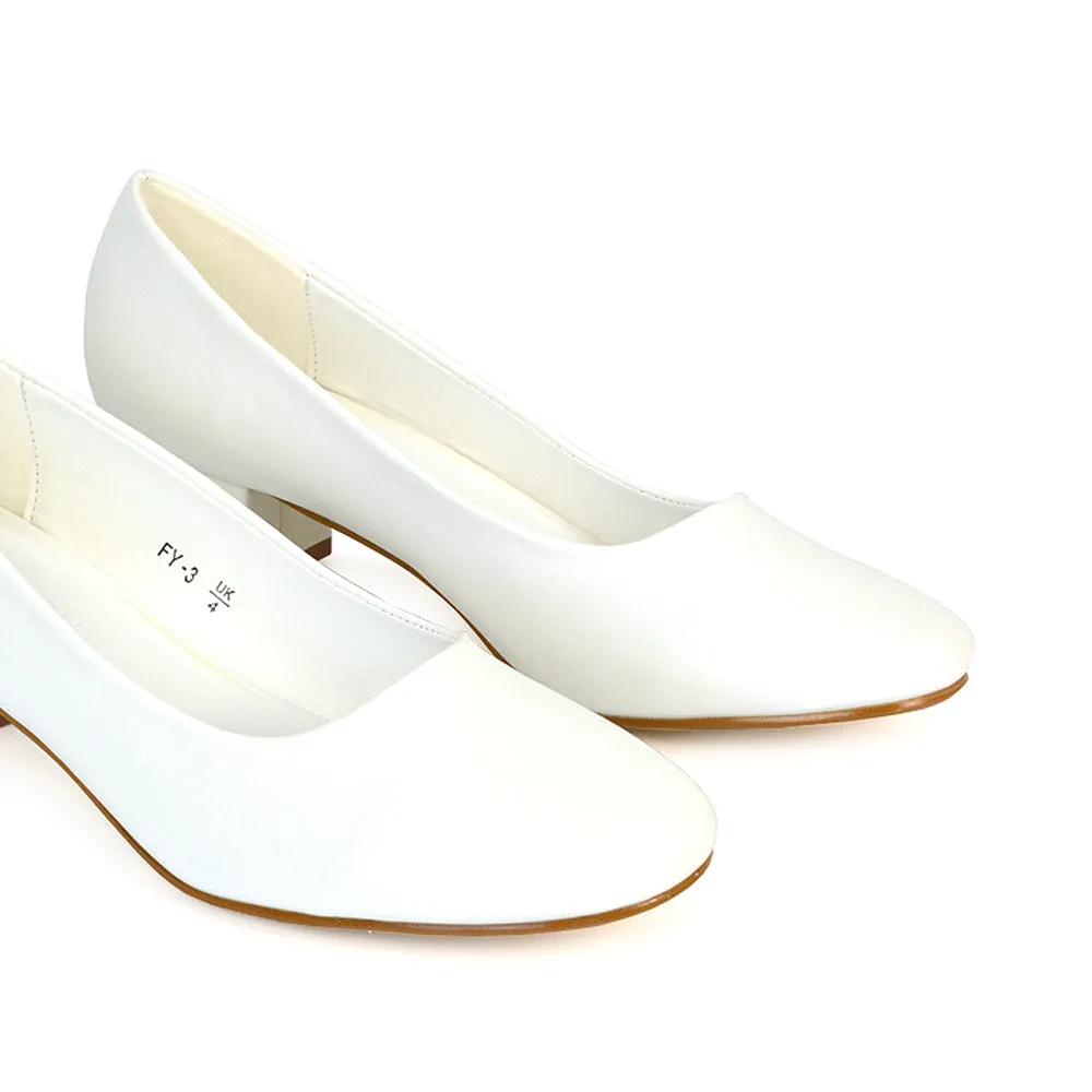 Liberty Low Block Heel Round Toe Slip On Classic Court Shoes in Black Synthetic Leather