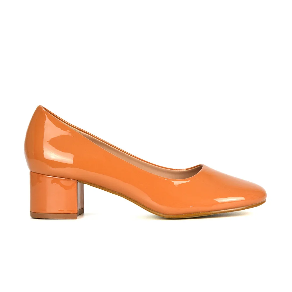 Liberty Low Block Heel Round Toe Slip On Classic Court Shoes in Black Synthetic Leather